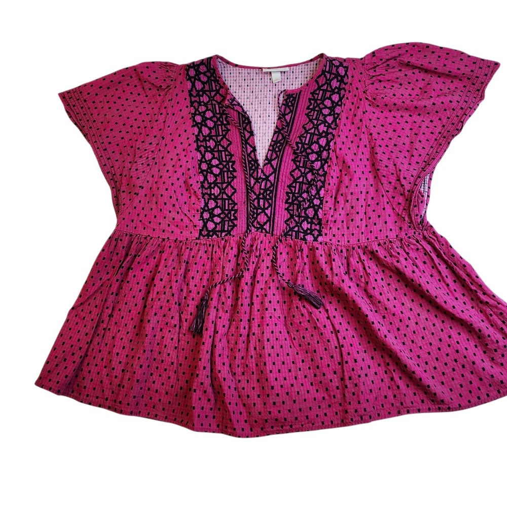 Knox Rose Boho Babydoll Top Womens XXL‎ Pink Black Peasant Embroidered Tassels